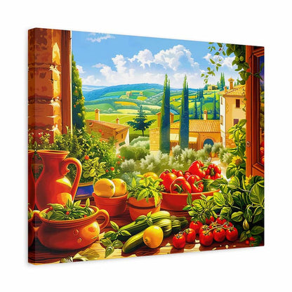 Canvas print of a Tuscan landscape with vegetables and a window view.