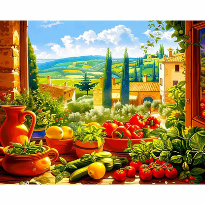 Colorful still life of vegetables with a scenic background