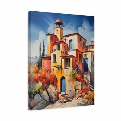 Canvas print of a colorful Mediterranean village scene with buildings and trees.
