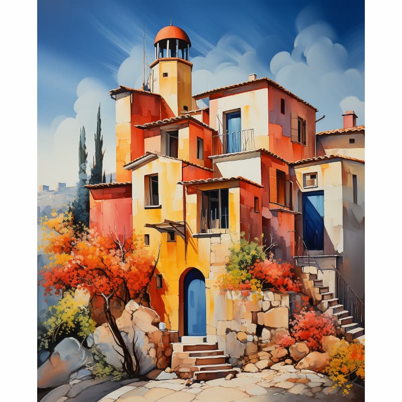 Colorful Mediterranean-style house with a lighthouse on a hillside