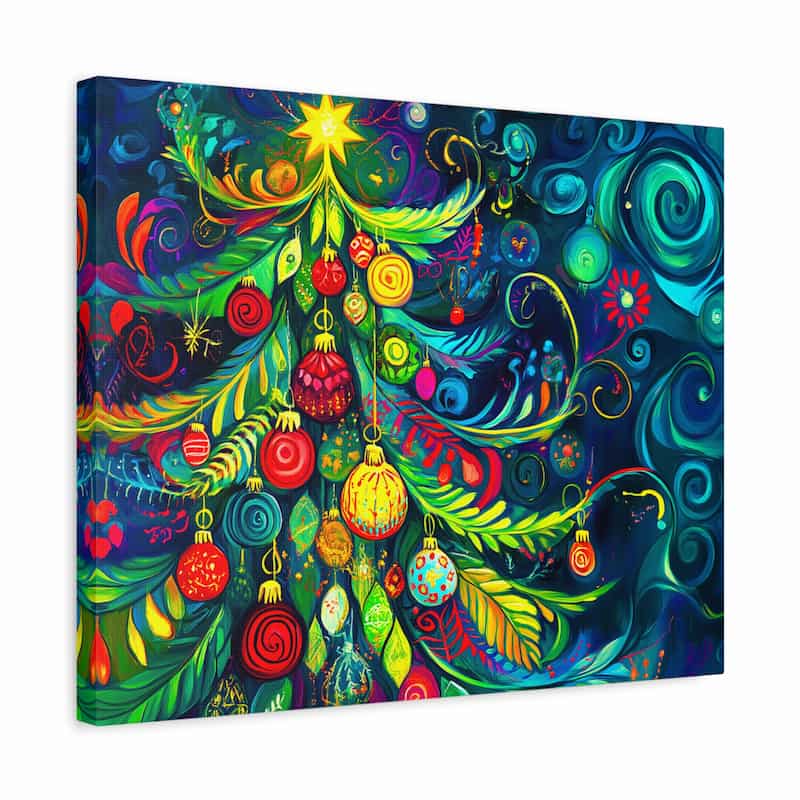 Colorful abstract Christmas tree painting with ornaments on a dark blue background