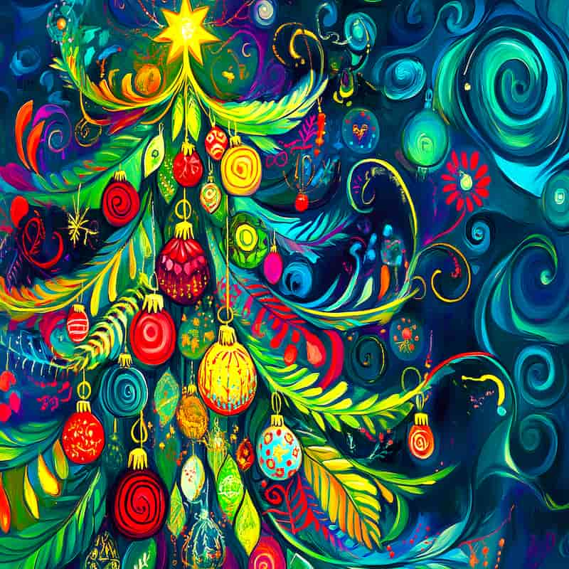 Colorful Christmas tree with ornaments and star against a dark blue background