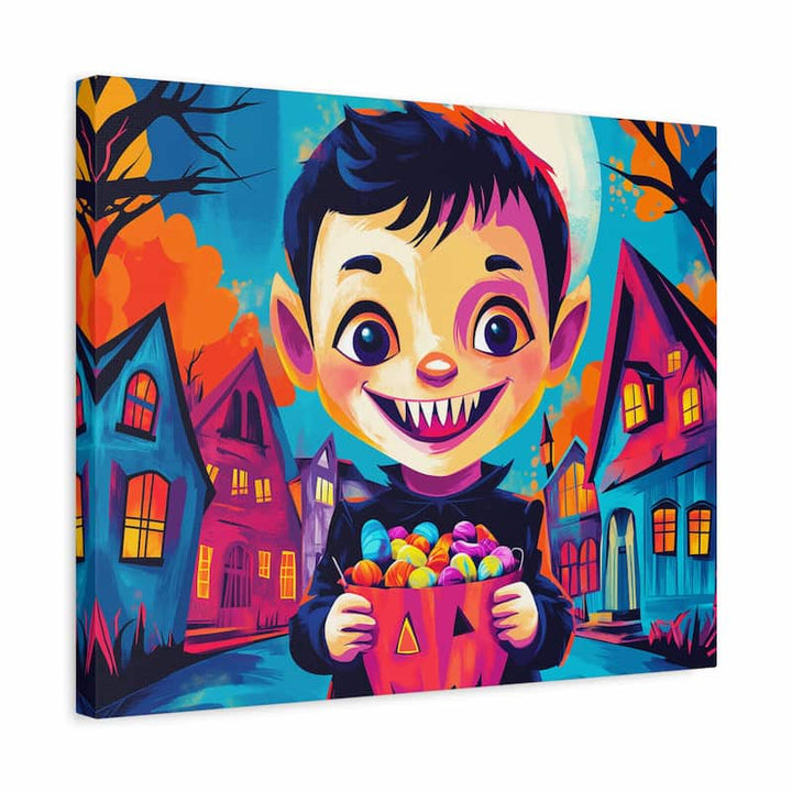 Vampire Kid Halloween paint by numbers kit showing a cheerful cartoon vampire child holding a bucket of sweets in a brightly coloured Halloween street scene with vivid blues oranges and reds