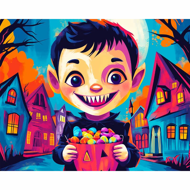 Illustration of a child in a Halloween costume holding a bucket of candy with a colorful Halloween village background.