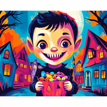 Illustration of a child in a Halloween costume holding a bucket of candy with a colorful Halloween village background.
