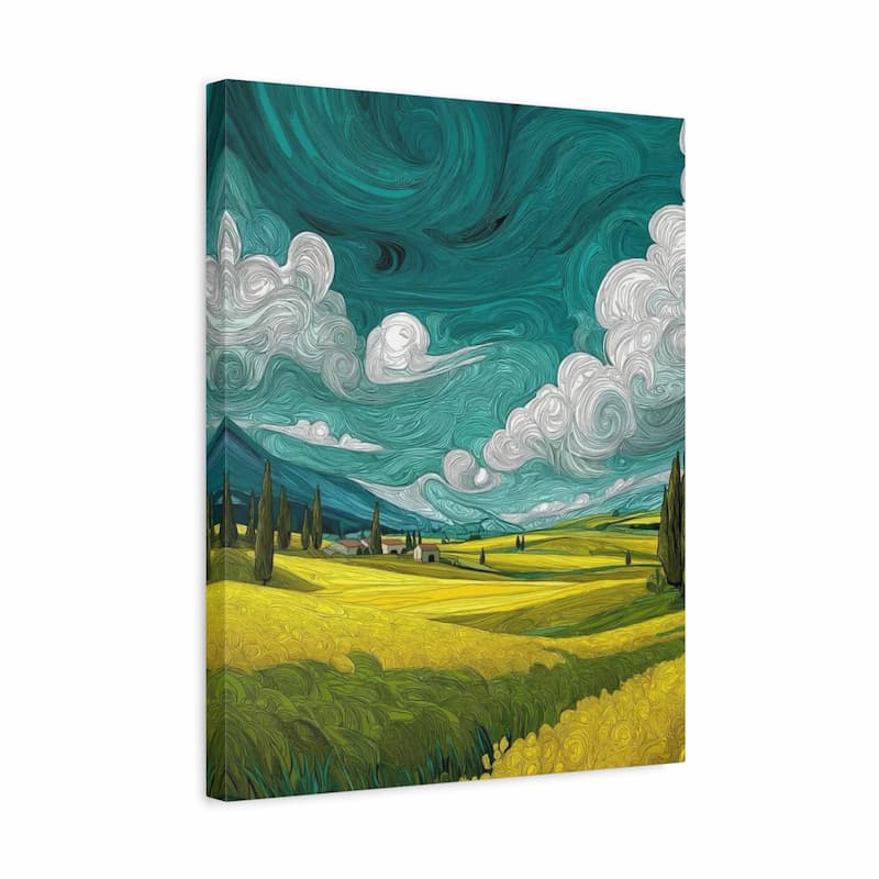 Canvas print of a stylized landscape with swirling sky and rolling hills.