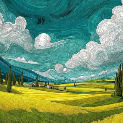 Surreal landscape with swirling blue sky and green fields