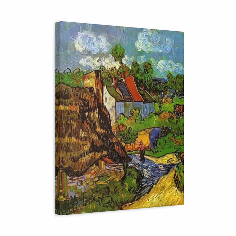Canvas print of a landscape painting with houses and a river