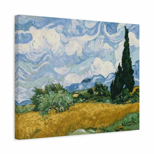 Canvas print of a landscape painting with cypress trees and a blue sky.
