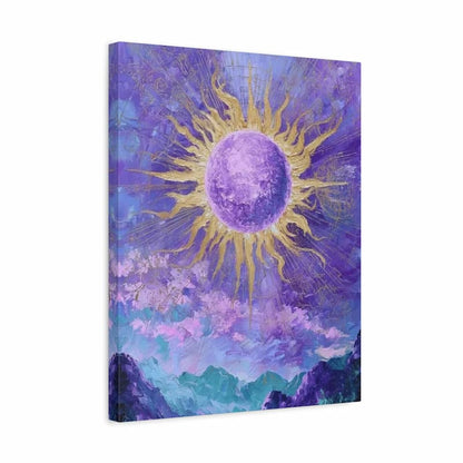 A square canvas wall art print featuring an abstract purple sunburst with yellow rays over a dreamy sky in lavender, blue, and teal tones, shown at a slight angle on a white background.