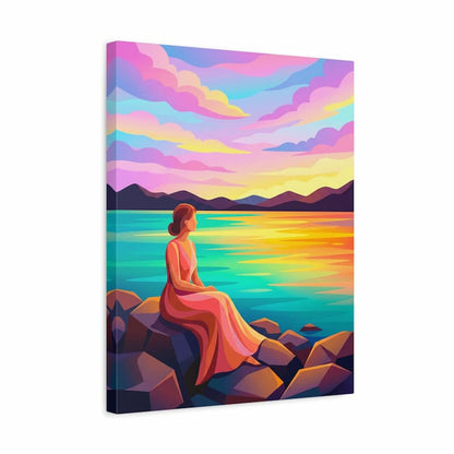 Woman in a red dress sitting on rocks by a colorful lake with a vibrant sky.