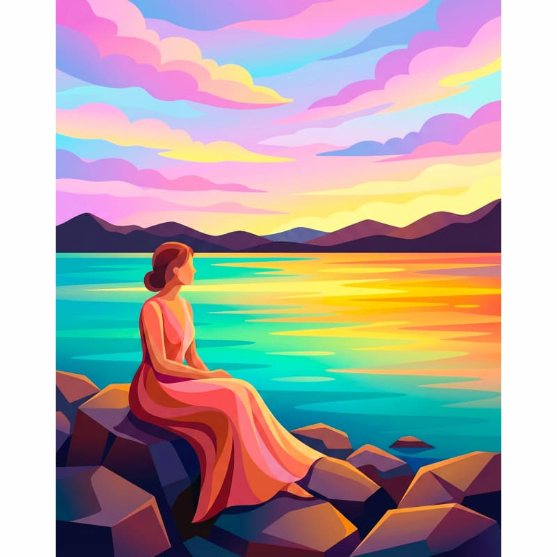 Woman in a pink dress sitting on rocks by a lake with a colorful sky