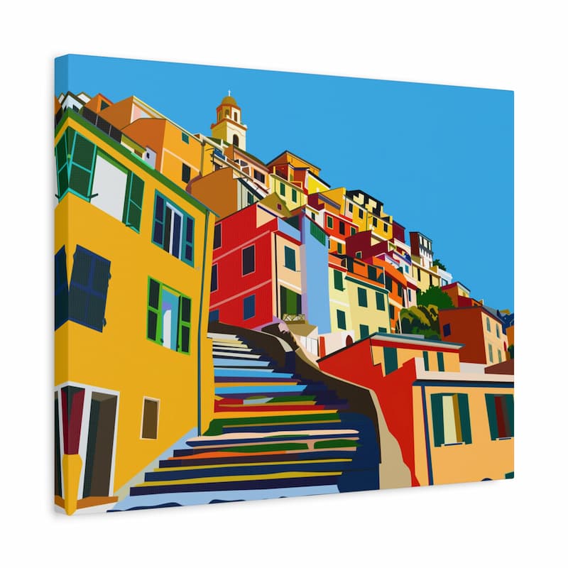 Colorful painting of a coastal town with houses and steps on a blue sky background