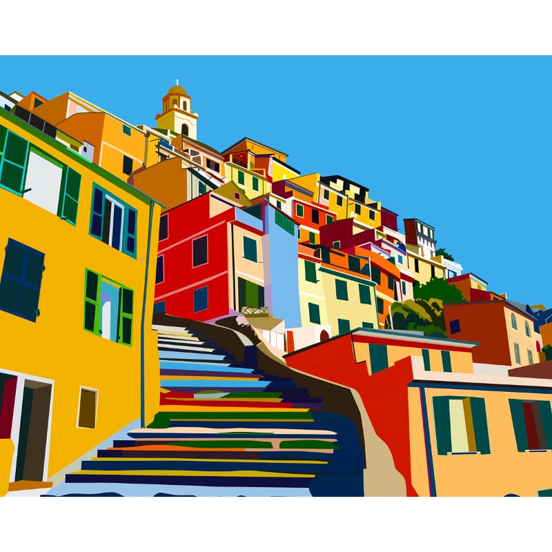 Colorful coastal town with steps and buildings on a blue sky background