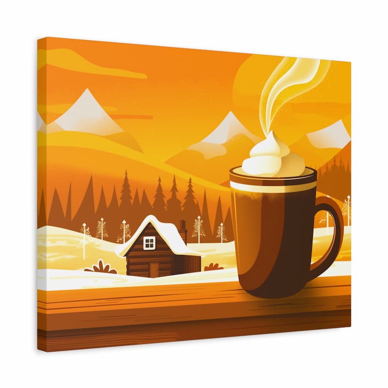 Canvas print with a winter scene featuring a mug of hot chocolate and whipped cream, set against a snowy landscape with mountains.