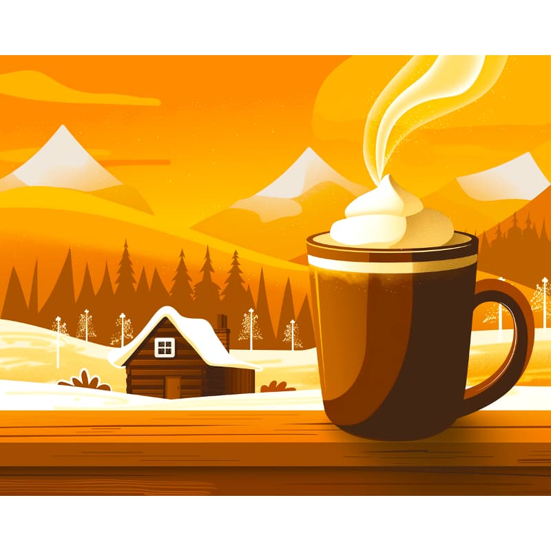 Illustration of a steaming mug with whipped cream against a snowy landscape with mountains and a cabin.