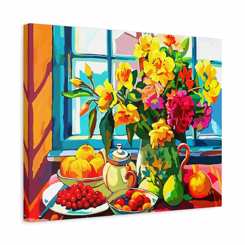 Colorful still-life painting of bright flowers in a vase on a table with bowls of fruit, set in front of a sunlit window shown in a frame.