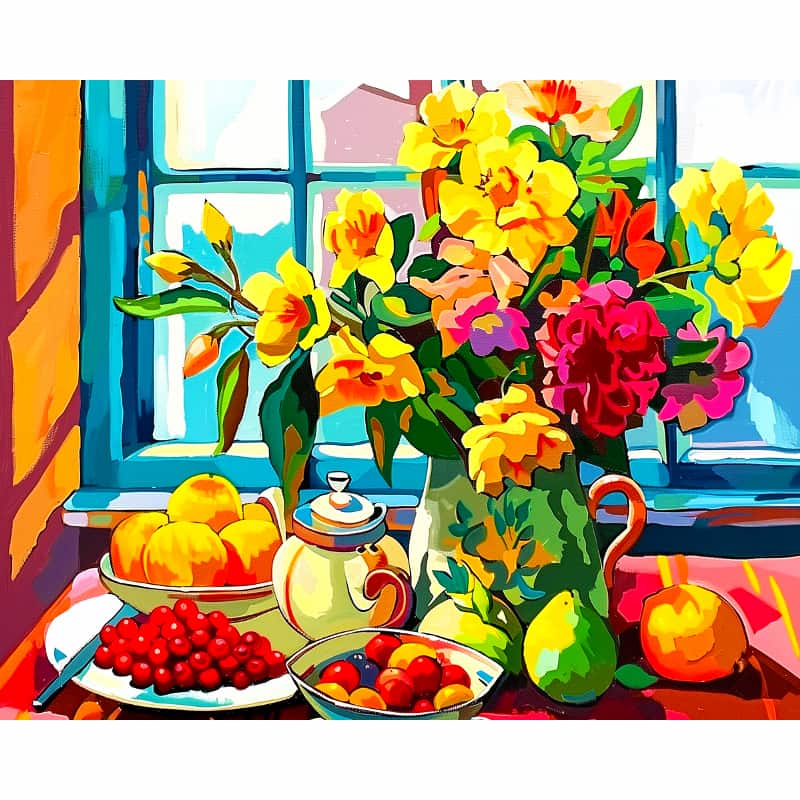 Colorful still-life painting of bright flowers in a vase on a table with bowls of fruit, set in front of a sunlit window.