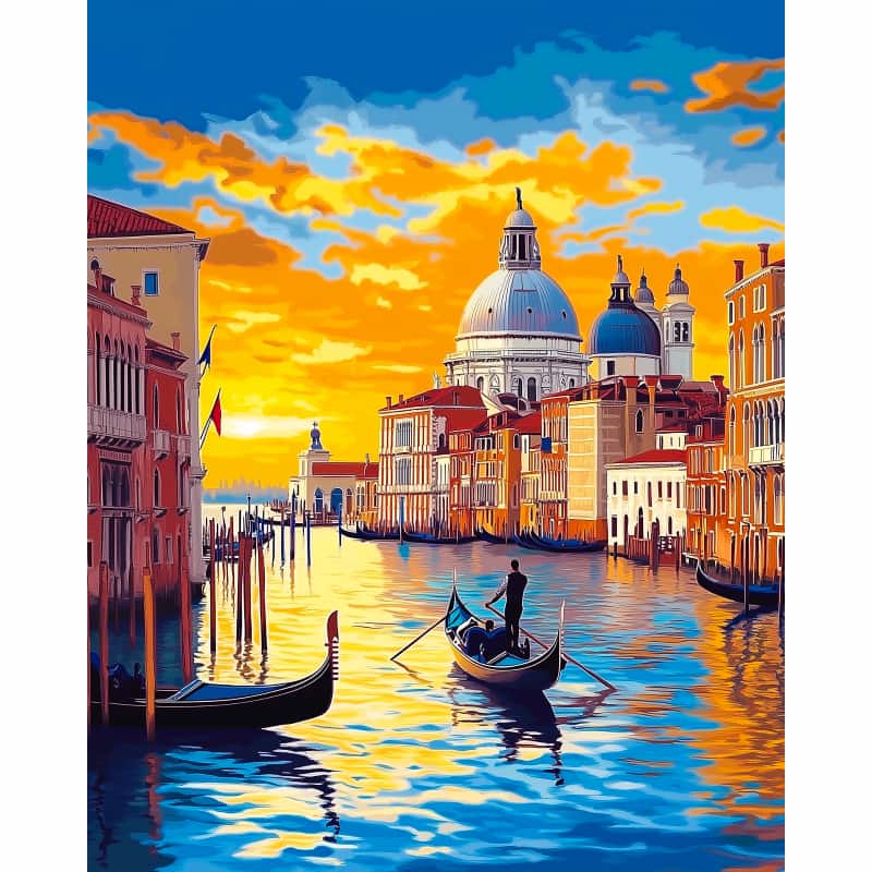 Venetian canal scene with gondolas and a gondolier at sunset.