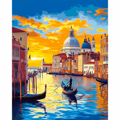 Venetian canal scene with gondolas and a gondolier at sunset.