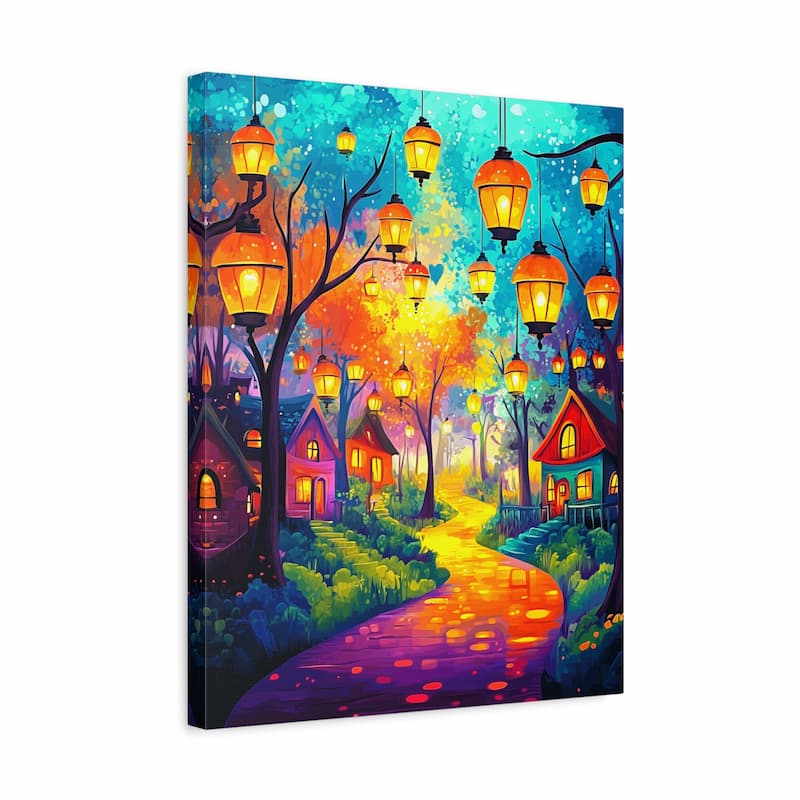 Colorful painting of a magical forest with glowing lanterns and houses.