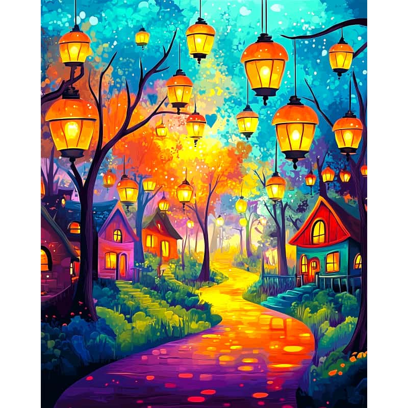 Colorful fantasy village with glowing lanterns and houses.