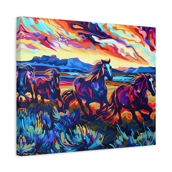 Wild Horizon horse paint by numbers kit showing a herd of horses galloping across open landscape in vivid electric blues purples and teals against a dramatic sky on linen canvas