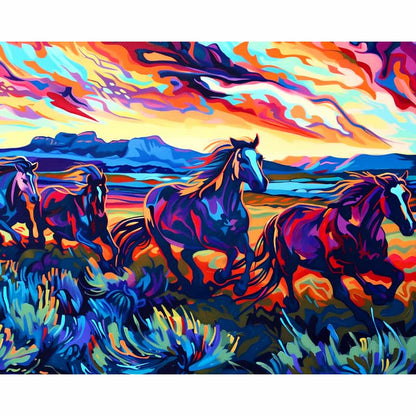 Colorful abstract painting of horses running in a field with a vibrant sky.