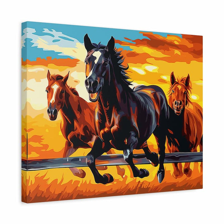 Wild Freedom horse paint by numbers kit showing three horses galloping in bold warm tones of amber orange and black against a vivid sunset sky on HD linen canvas in a wooden frame
