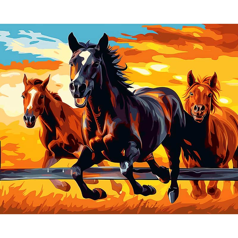Three horses running across a fence with a colorful sunset sky in the background