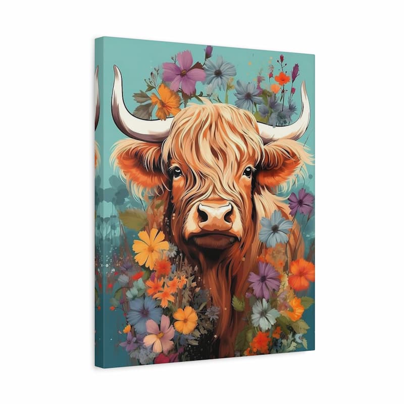 Canvas print of a highland cow surrounded by colorful flowers on a blue background