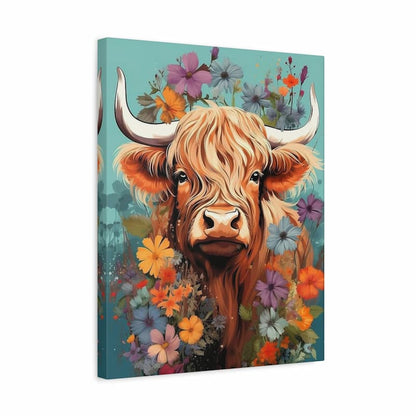 Canvas print of a highland cow surrounded by colorful flowers on a blue background
