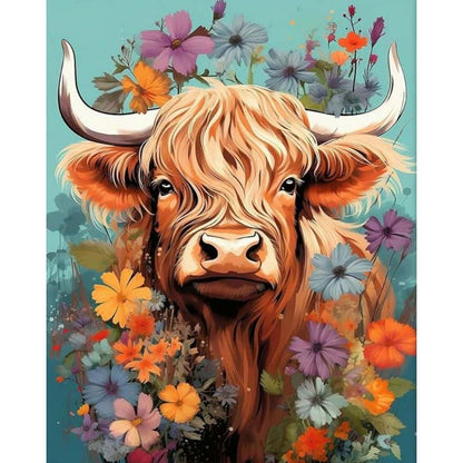 Painting of a highland cow surrounded by colorful flowers on a blue background