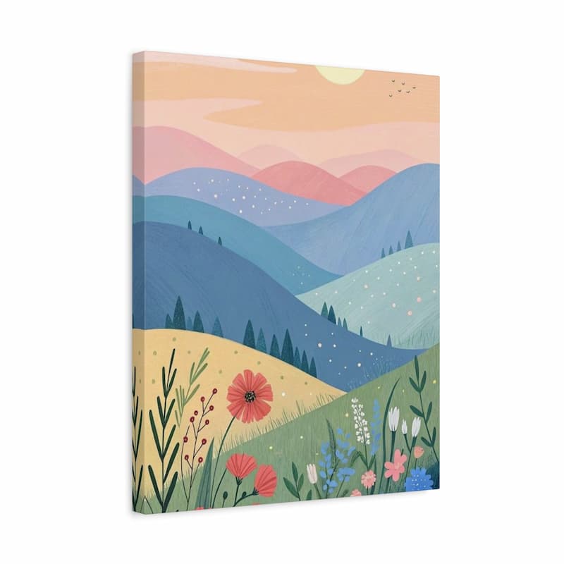 Pastel floral mountain landscape canvas wall art featuring rolling blue hills, wildflowers, soft pink sky, and a peaceful sunrise scene