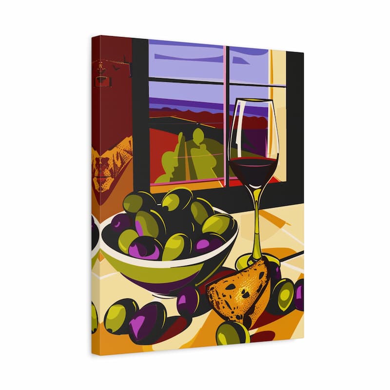 Canvas print of a colorful still life scene with olives, a glass of wine, and cookies.