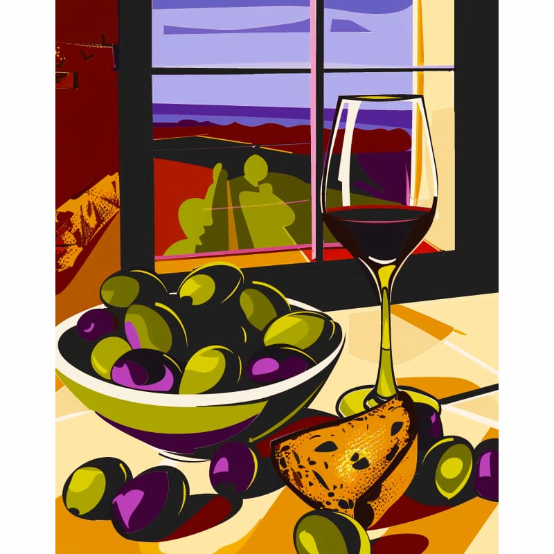 Illustration of a bowl of olives with a glass of red wine on a table, with a window in the background.