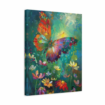 Colourful butterfly with spread wings flying over wildflowers - Paint by Numbers Kit shown in a frame