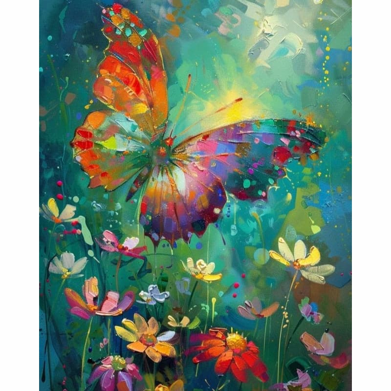 Colourful butterfly with spread wings flying over wildflowers - Paint by Numbers Kit