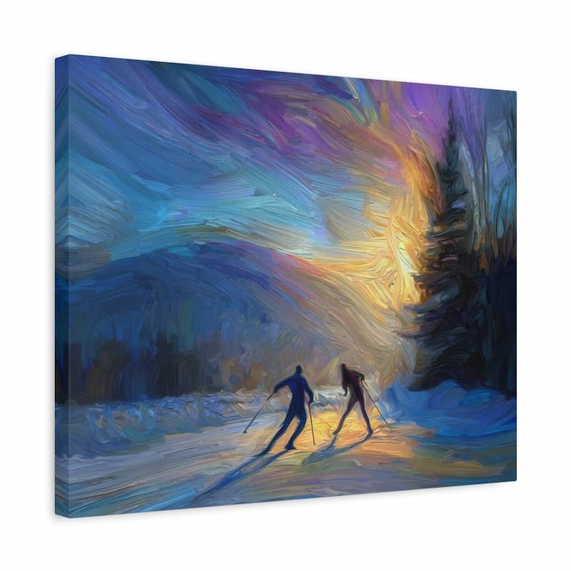 Canvas print of two skiers under a colorful sky with a warm glow.