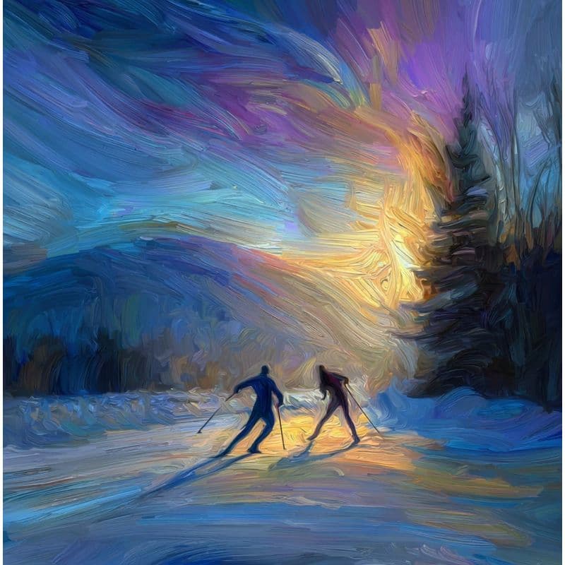 Two skiers on a snowy path with a vibrant, abstract sky in the background