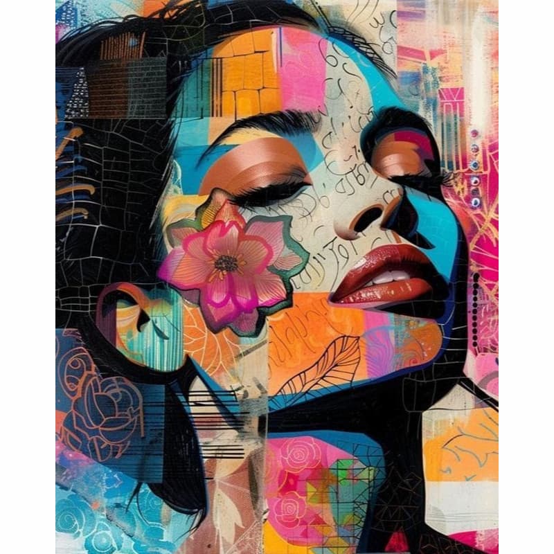 Abstract portrait of a woman with closed eyes featuring floral and geometric details - Paint by Numbers Kit