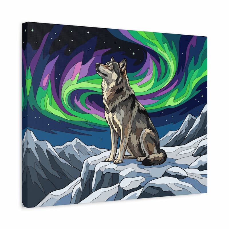 Wolf sitting on a mountain peak with a colorful Northern Lights background