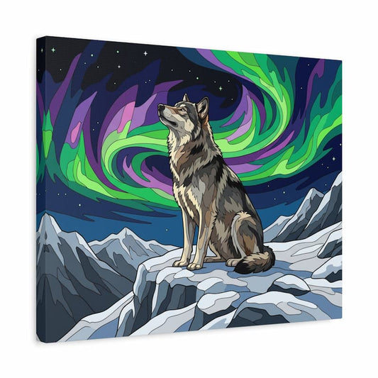 Wolf sitting on a mountain peak with a colorful Northern Lights background