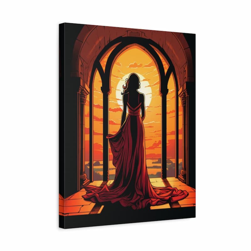 Canvas print of a woman in a red dress standing in an archway with a sunset background.