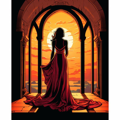 Silhouette of a woman in a red dress standing in front of a sunset through an archway.