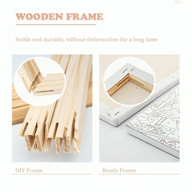 Wooden frame components with text highlighting stability and durability.