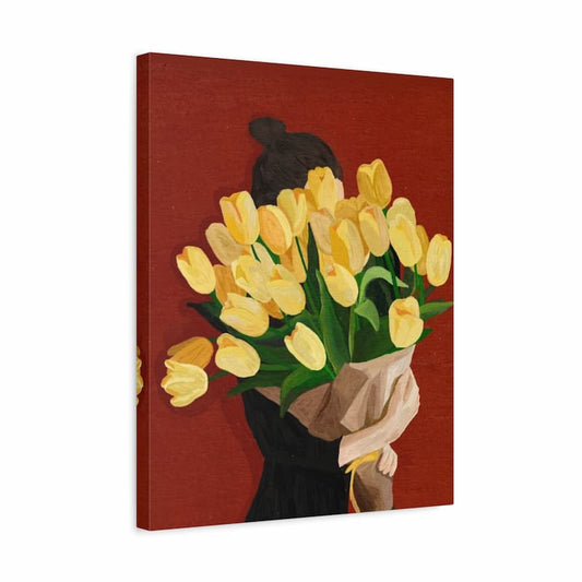 person holding a bouquet of yellow tulips against a deep red background, paint by numbers artwork
