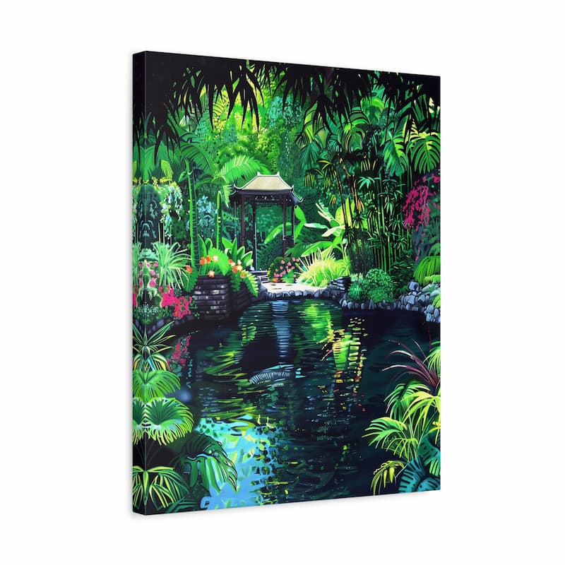 Canvas print of a vibrant tropical garden with a pond and gazebo.