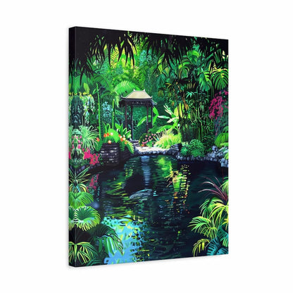 Canvas print of a vibrant tropical garden with a pond and gazebo.