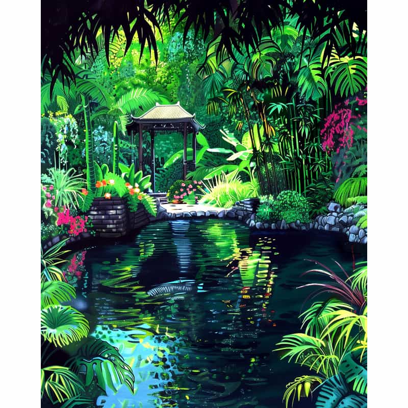 Tropical garden with a pond and gazebo surrounded by lush greenery